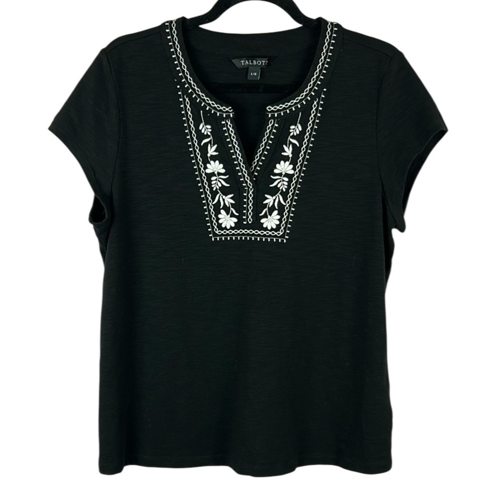 Talbots Casual Floral Embroidered Short Sleeve Cotton Top Blouse Large Black